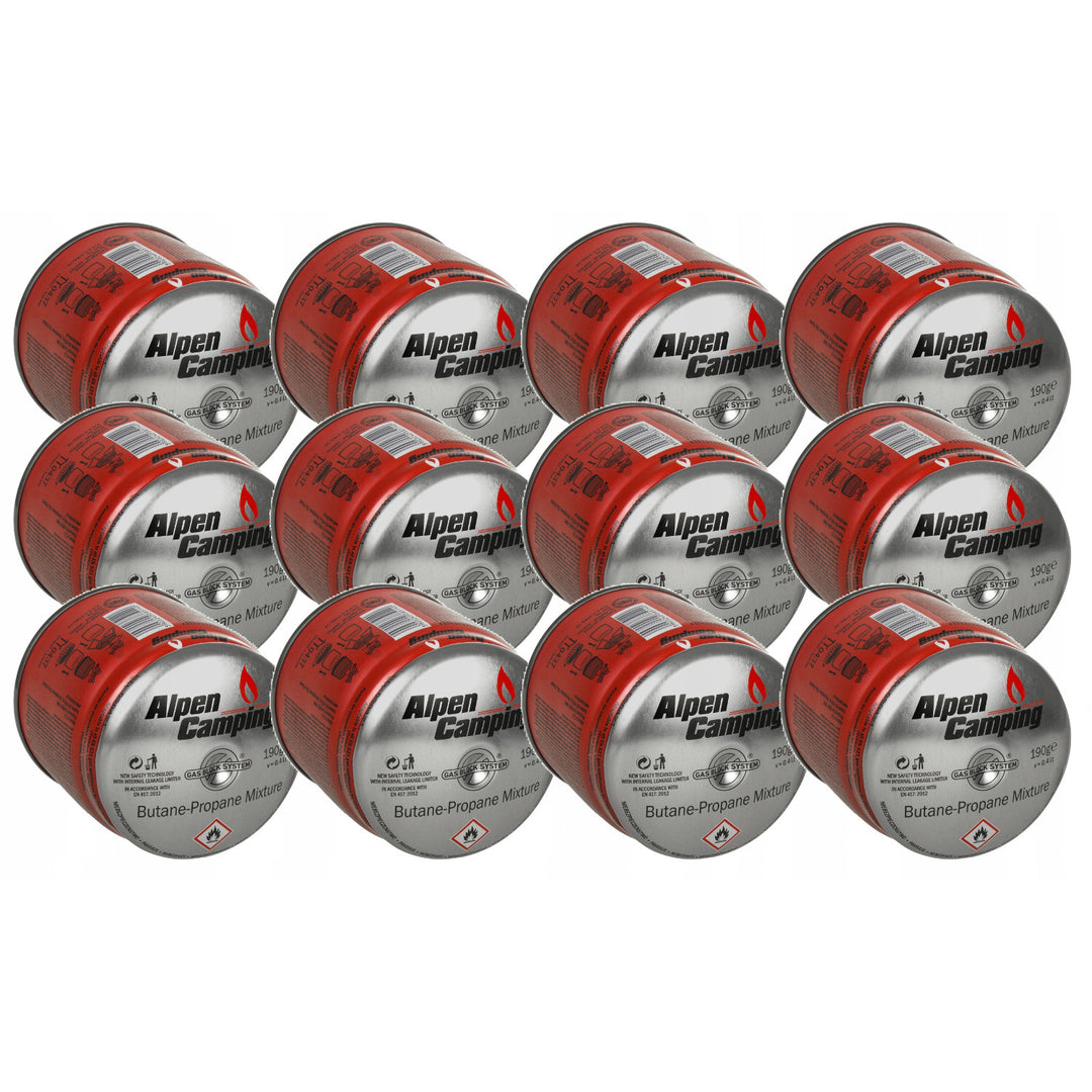 12x Alpen Camping 400 ml gaspatron, certifikat: Pi 0437, överensstämmer med EN417, propan-butan, område -10°c till + 40°c, GAS STOP-system IK006