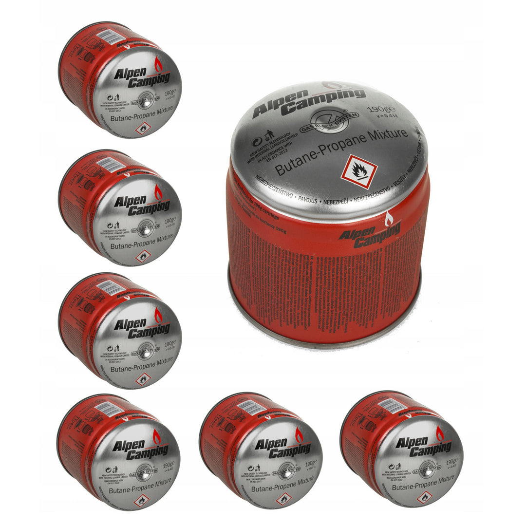 48x Alpen Camping 400 ml gaspatron, certifikat: Pi 0437, överensstämmer med EN417, propan-butan, område -10°c till + 40°c, GAS STOP-system IK006