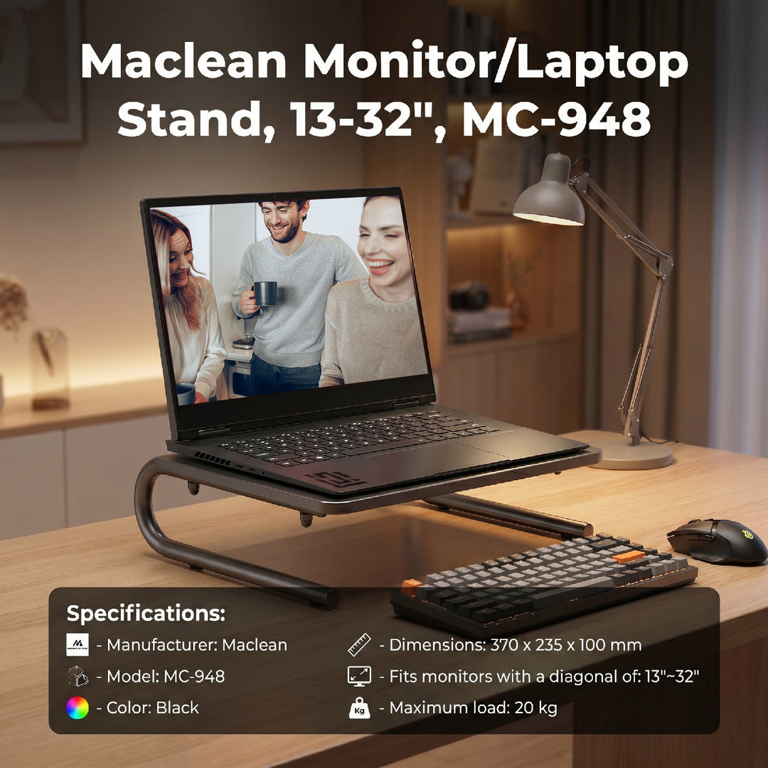 Maclean skärm- och laptopstativ, modell MC-948, passar skärmar och laptops på 13-32 tum. Effektivt förbättrar arbetsytan och ergonomin.
