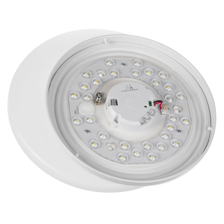 Maclean MCE347 LED sensor ceiling lamp. With a 5.8GHz microwave sensor, it emits a 4000K light with 12W power and 950lm brightness. Rated IP44, it ensures durability and reliability in various settings.