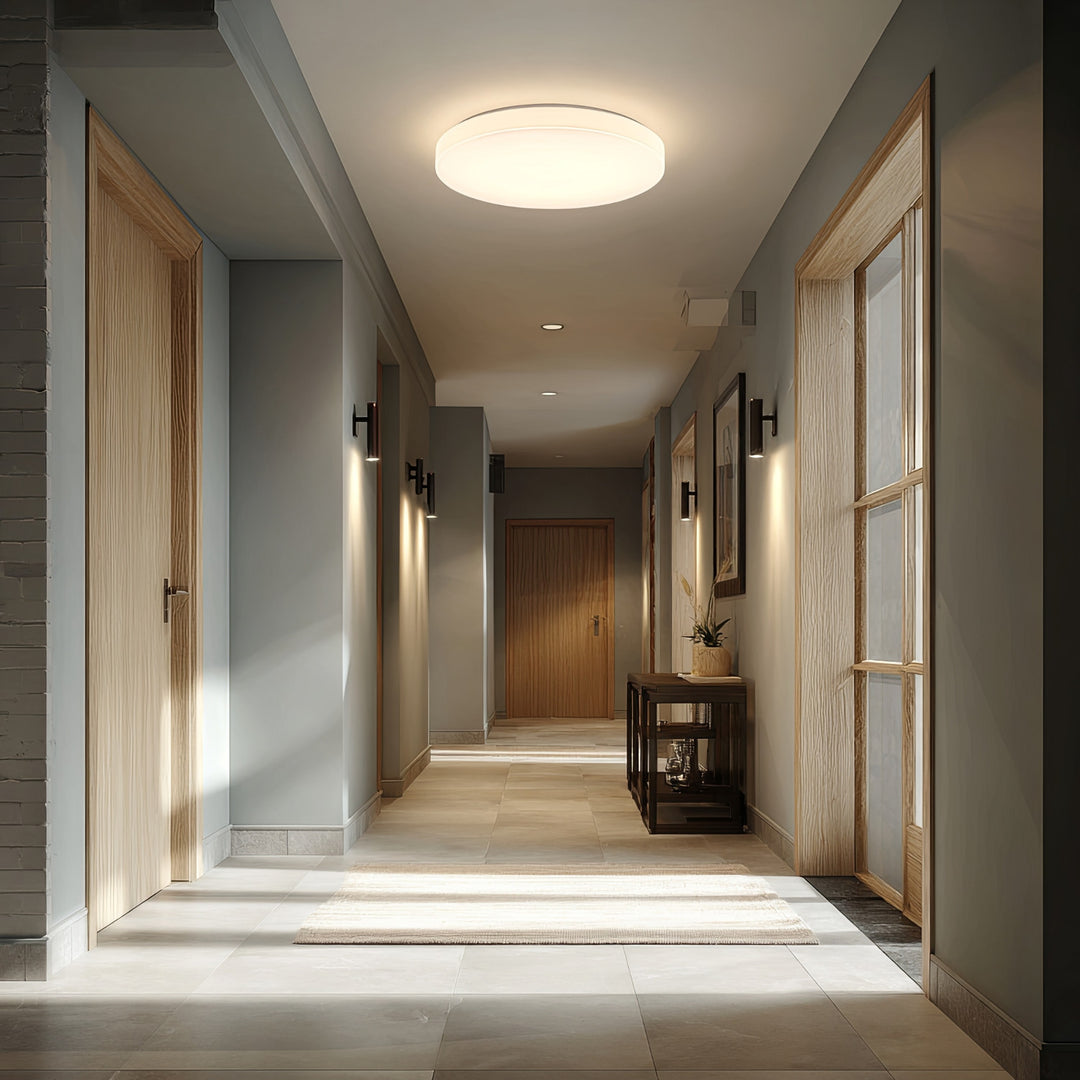 Maclean MCE347 LED sensor ceiling lamp. With a 5.8GHz microwave sensor, it emits a 4000K light with 12W power and 950lm brightness. Rated IP44, it ensures durability and reliability in various settings.