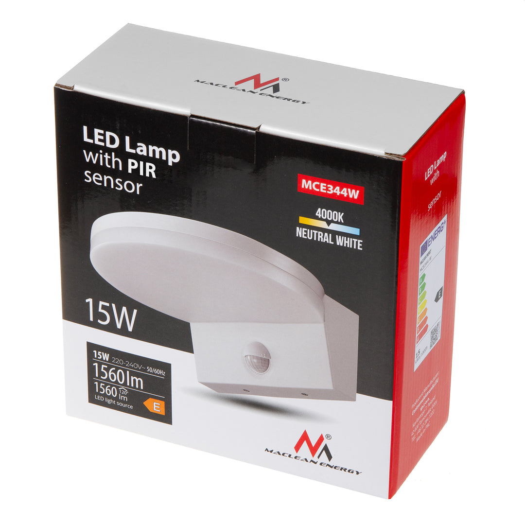 Maclean MCE344 W motion sensor LED lamp. Equipped with a PIR motion sensor, it emits a neutral white light (4000K) with 15W power and 1560lm brightness. Rated IP65, it ensures durability and reliability in various settings.