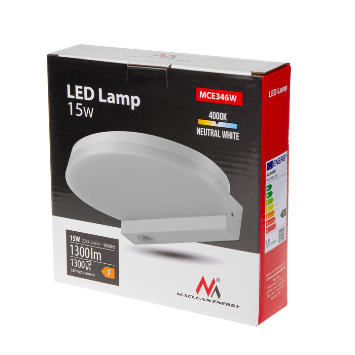 Maclean MCE346 W LED-lampa. Med en effekt på 15W och en ljusstyrka på 1300lm, avger den neutral vitt ljus (4000K). Betygsatt IP65, säkerställer den hållbarhet och tillförlitlighet i olika miljöer.