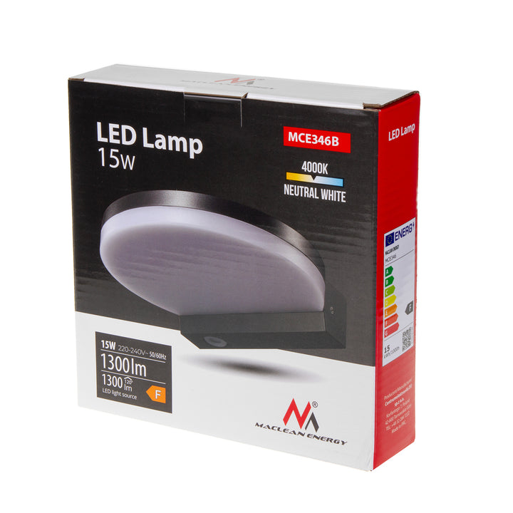 Maclean MCE346 B LED-lampa. Med en effekt på 15W och en ljusstyrka på 1300lm, avger den neutralvitt ljus (4000K). Betygsatt IP65, säkerställer den hållbarhet och tillförlitlighet i olika miljöer.