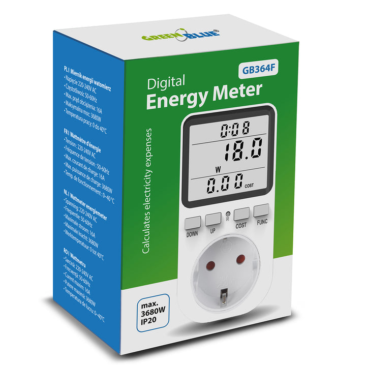 GreenBlue energimätare, wattmeter, typ F, 220-240V AC, 50Hz, max. belastning 16A, IP20, inbyggt batteri, GB364 F