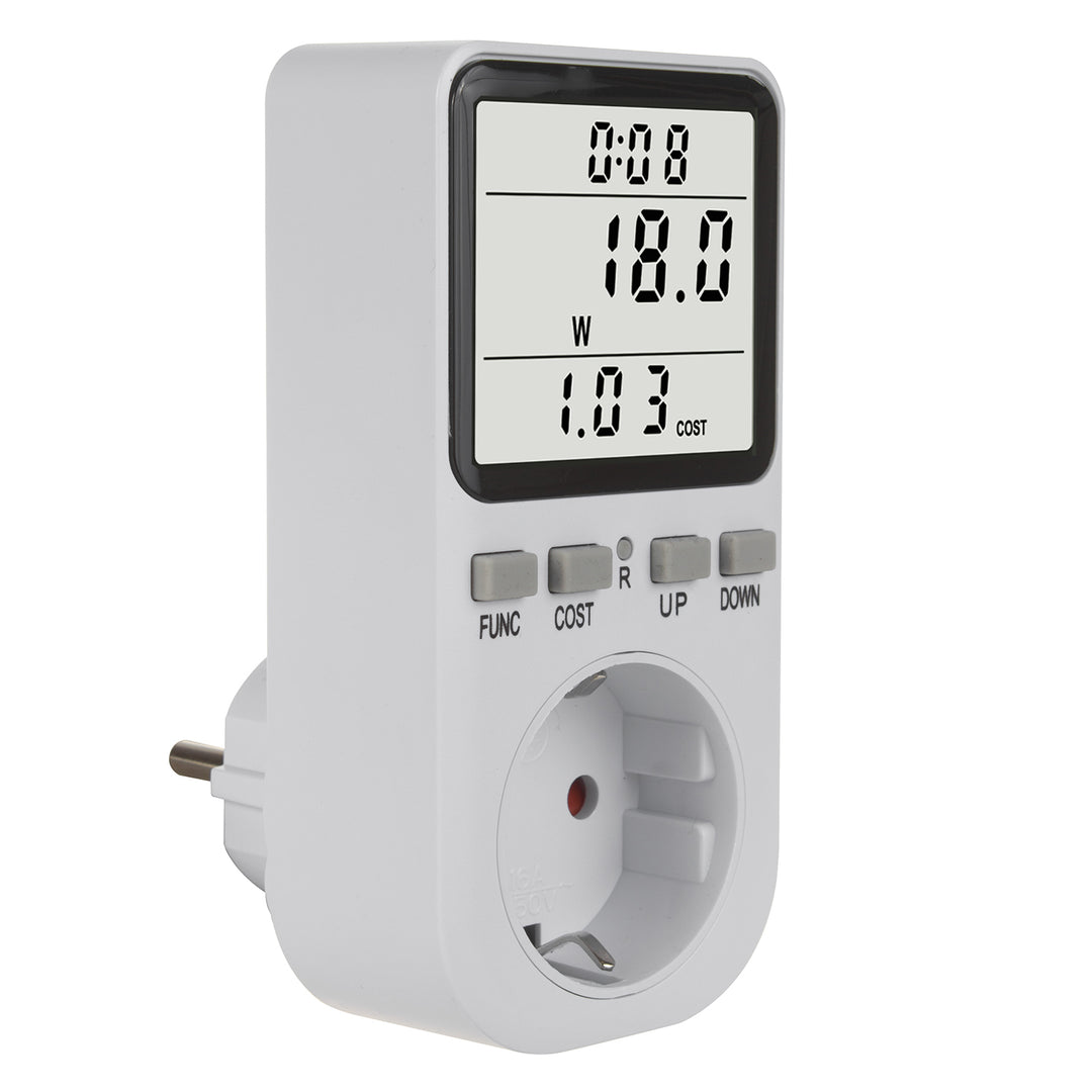 GreenBlue energimätare, wattmeter, typ F, 220-240V AC, 50Hz, max. belastning 16A, IP20, inbyggt batteri, GB364 F