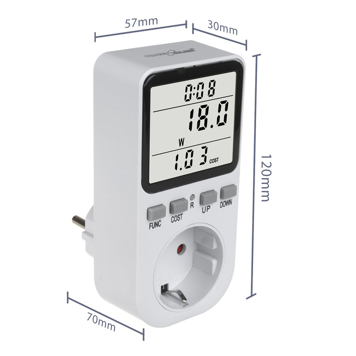 GreenBlue energimätare, wattmeter, typ F, 220-240V AC, 50Hz, max. belastning 16A, IP20, inbyggt batteri, GB364 F