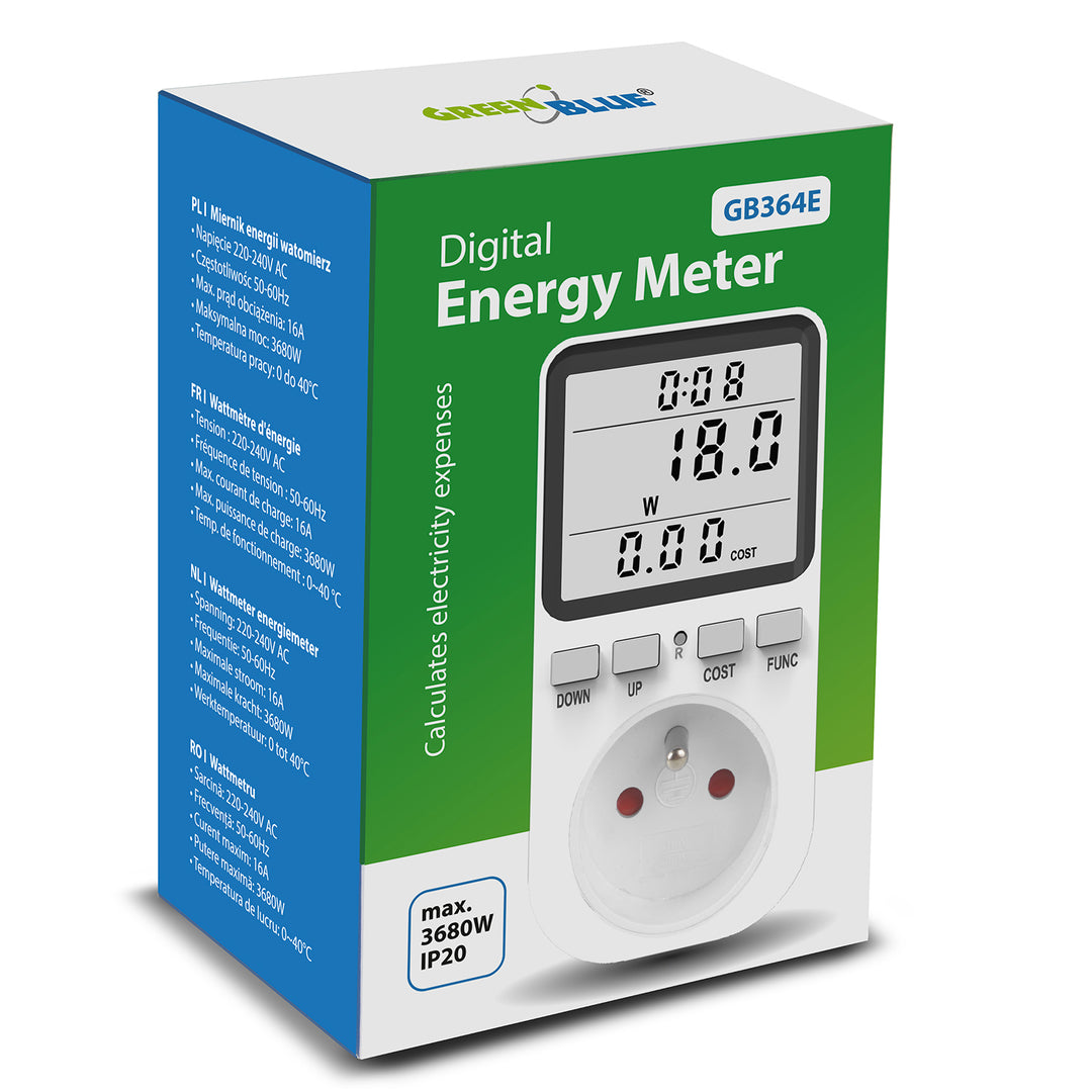 GreenBlue energimätare, wattmätare, typ E, 220-240V AC, 50Hz, max. belastning 16A, IP20, inbyggt batteri, GB364 E