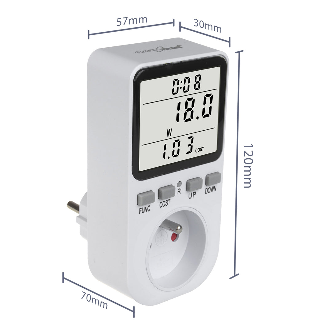 GreenBlue energimätare, wattmätare, typ E, 220-240V AC, 50Hz, max. belastning 16A, IP20, inbyggt batteri, GB364 E