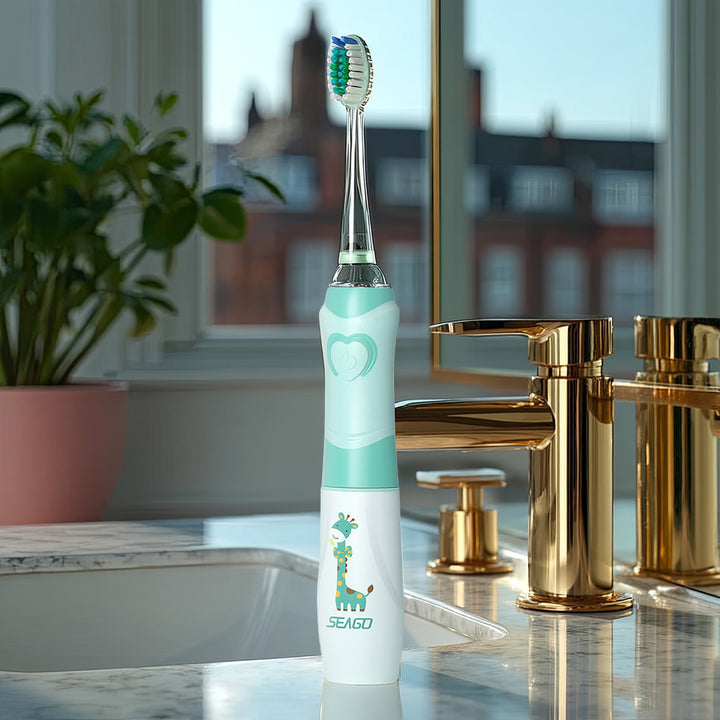 SEAGO sonic-tandborste för barn, grön färg, 1xAA 1,5V (ingår ej), 3 stift, SG-977 Green