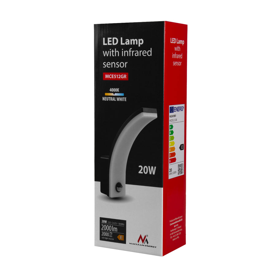 Maclean grå 20W 2000lm IP65 4000K LED-lampa med rörelsesensor