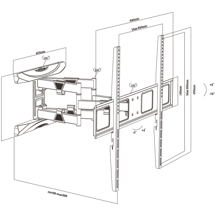 Maclean TV-fäste, max VESA 800x600, 43-100", 80kg, horisontell och vertikal vinkeljustering, profil 50-500mm, svart, MC-423