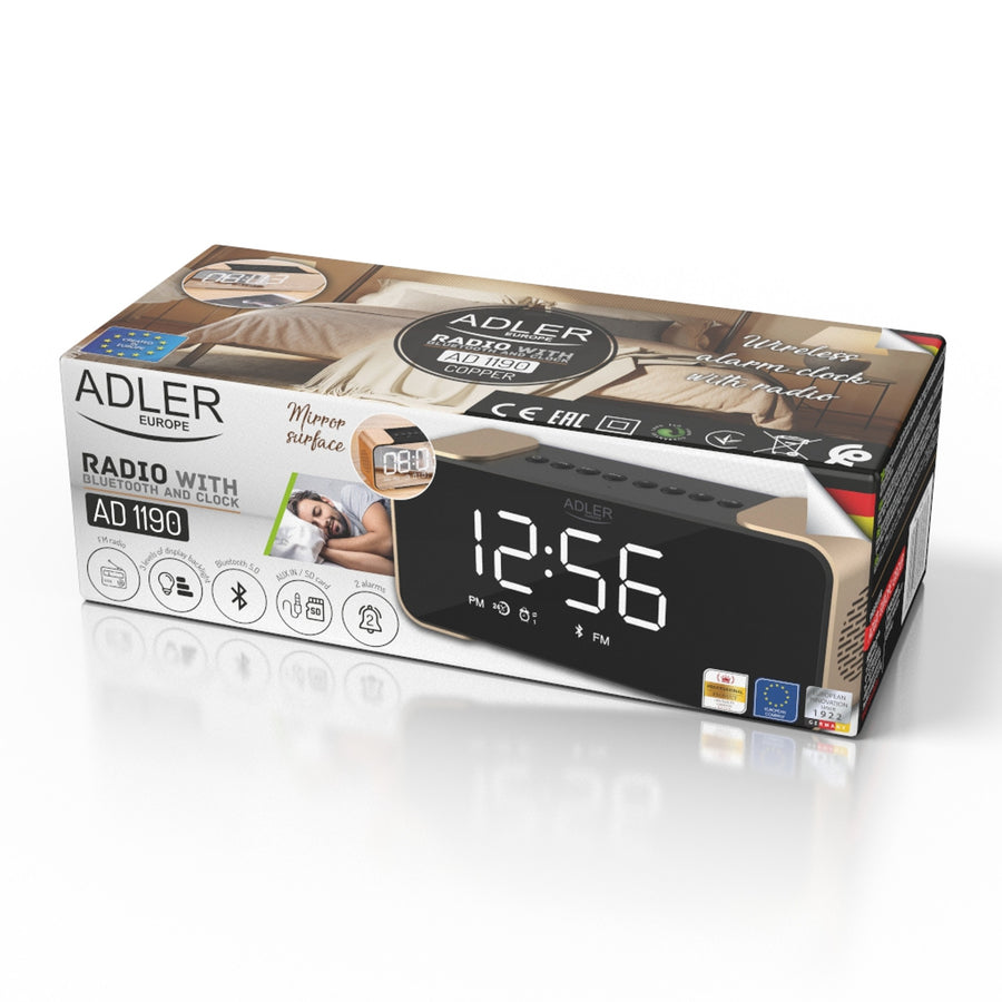 Adler AD 1190 Copper trådlös radioväckarklocka med LED-display och Bluetooth-funktion