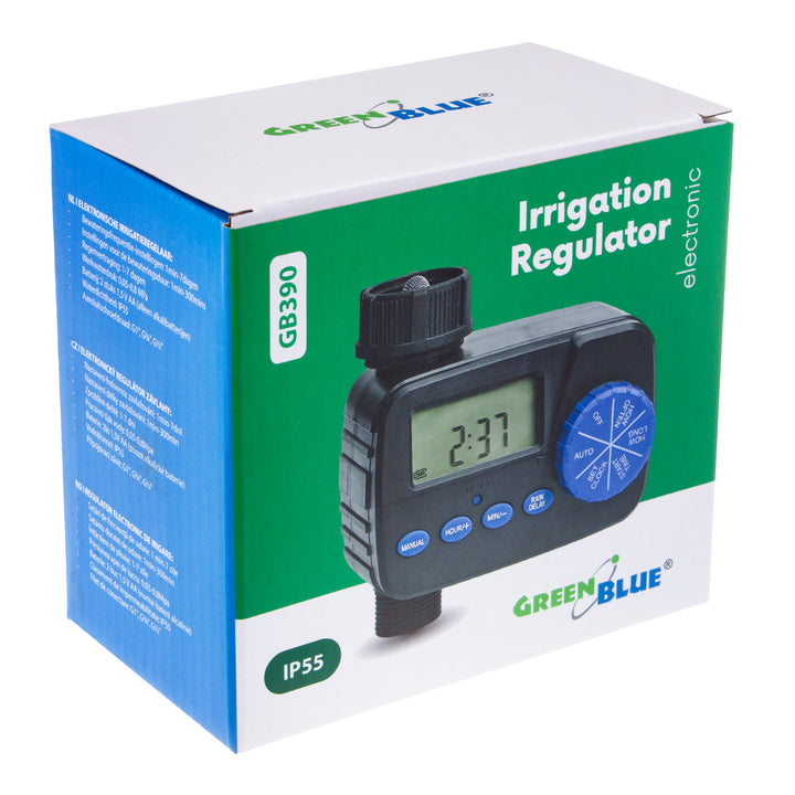 GreenBlue elektronisk bevattningsregulator, programmerare, strömförsörjning 2x1,5V AA, GB390