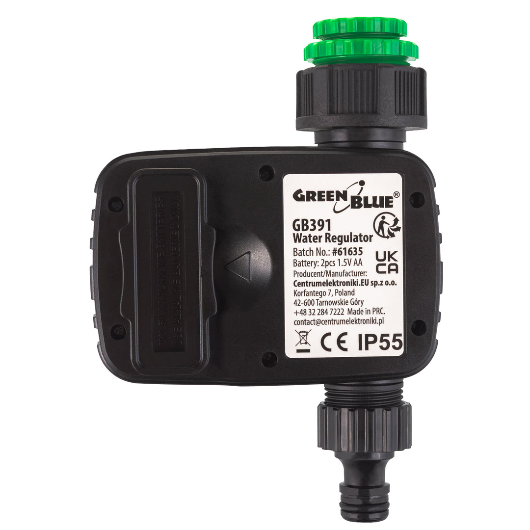 GreenBlue elektronisk bevattningsregulator, programmerare, strömförsörjning 2x 1,5V AA, GB391