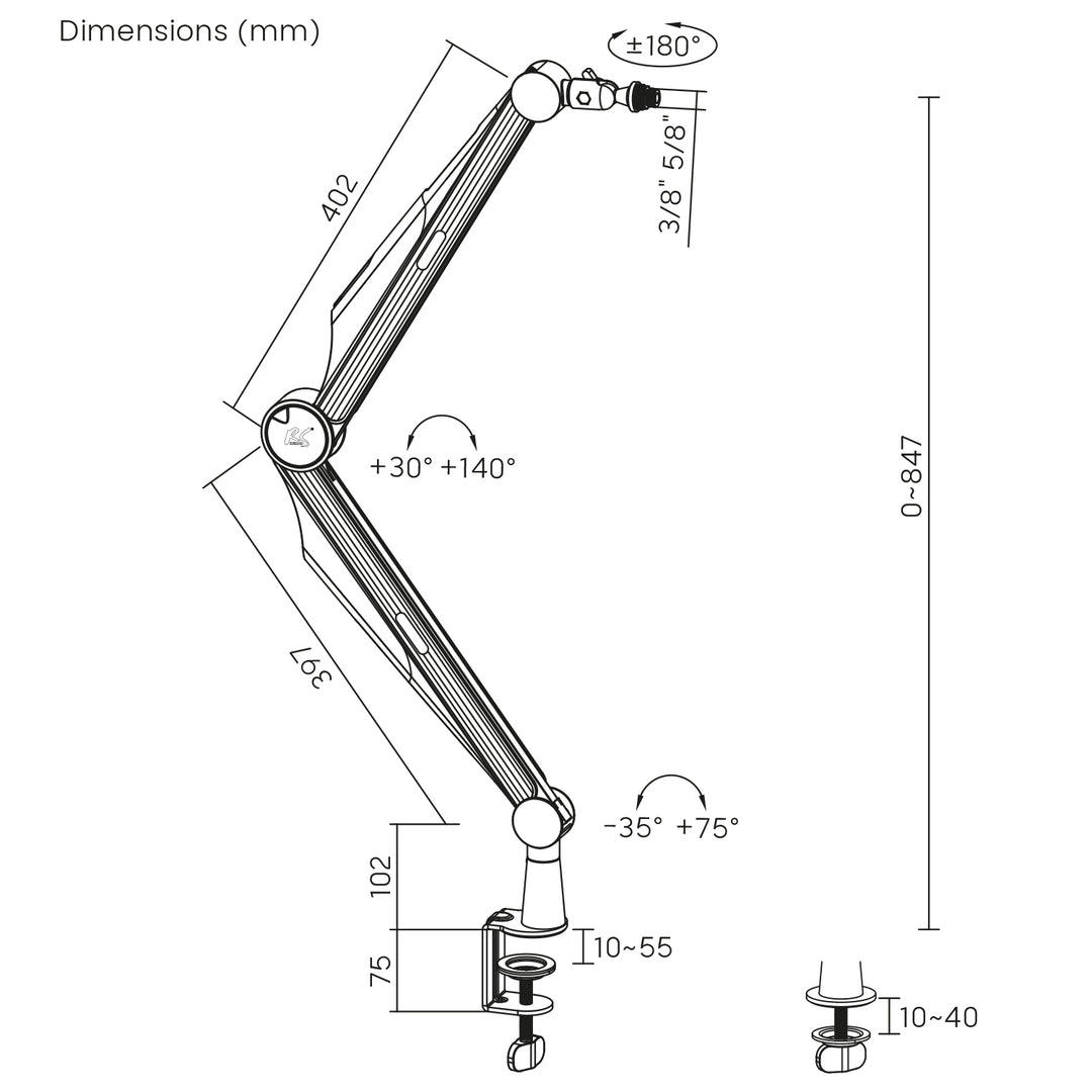 Mikrofonhållare 3/8" och 5/8" NanoRS, max 1 kg, RS422