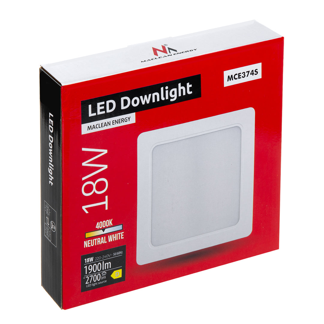 Maclean LED-takpanel, infälld montering SLIM, 18W, neutralvit 4000K, 170*170*26mm, 1800lm, MCE374 S + adapter för ytmontering MCE379 S