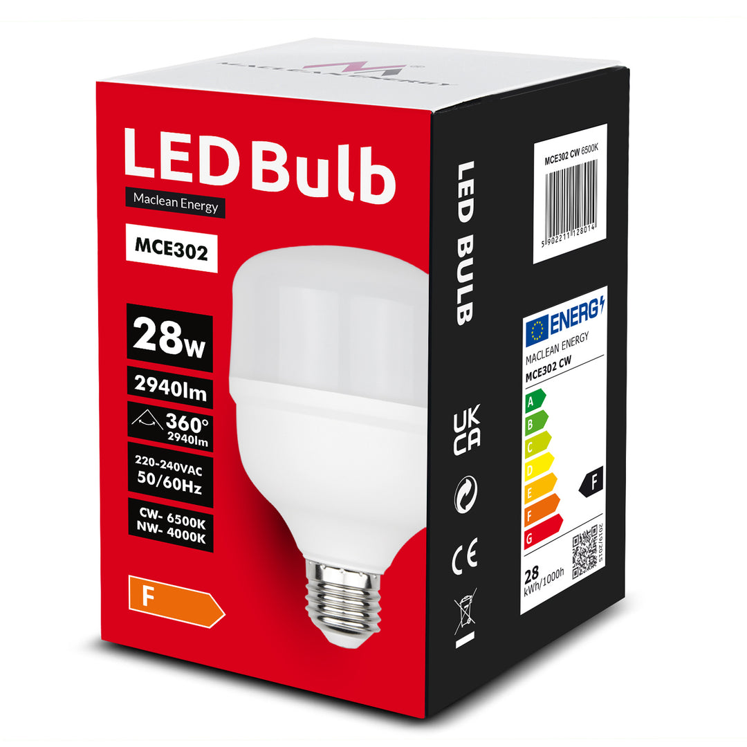 4x Maclean LED-lampa, E27, 28W, 220-240V AC, kallvit, 6500K, 2940lm, MCE302 CW