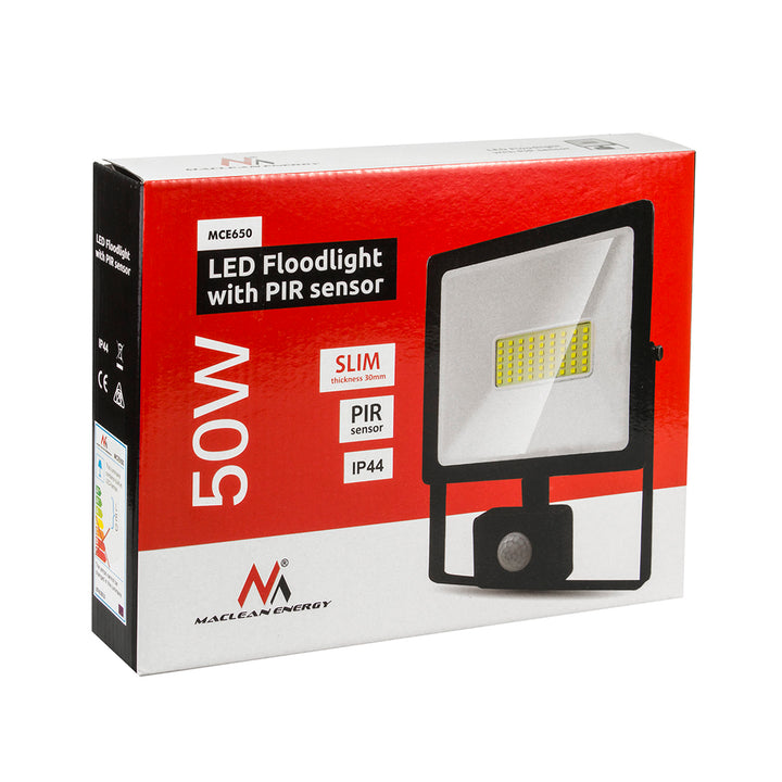2x LED-strålkastare med Maclean rörelsedetektor, slim 50W, 4000lm, kallvit (6000K), IP44, MCE650 CW PIR