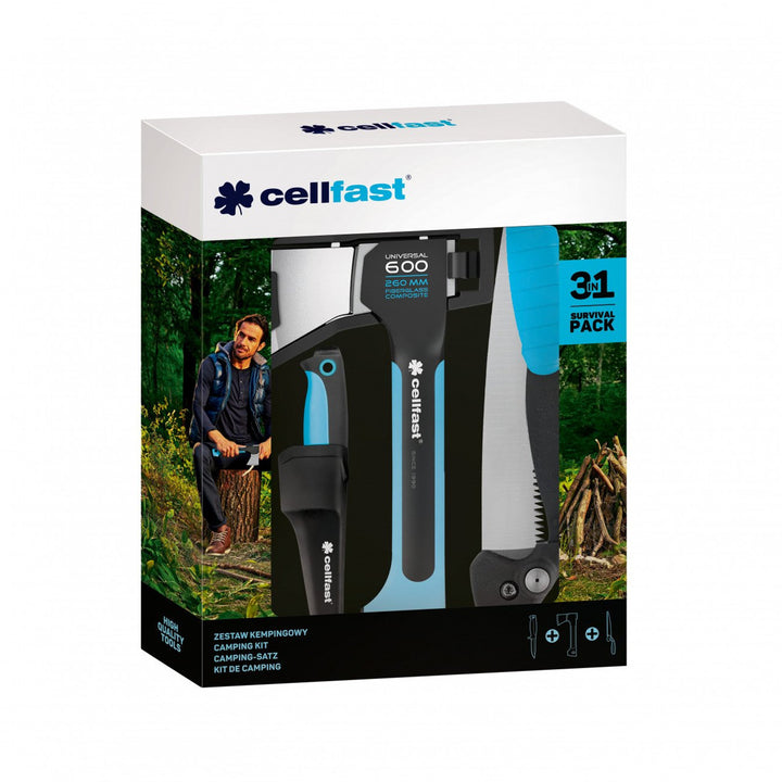 Cellfast Energo: Praktiskt set med kniv, yxa och fällsåg för camping och friluftsliv.