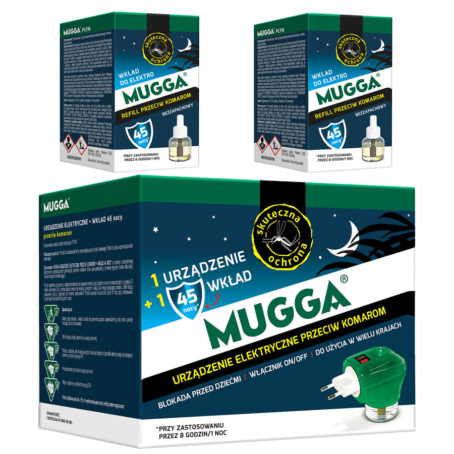 Elektrisk enhet med Mugga 45 natt myggrefill 35ml + 2x Mugga 45 natt myggvätska refill 35ml