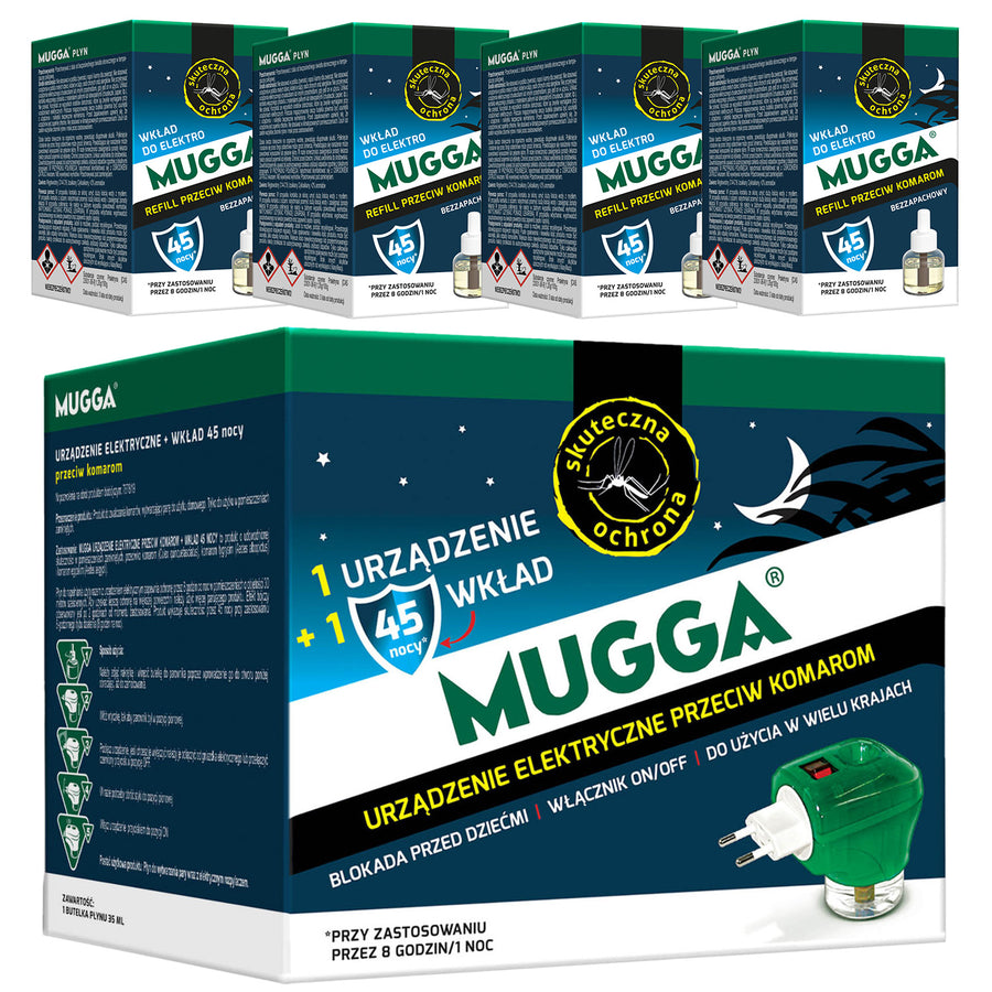 Elektrisk apparat med Mugga 45 nights 35ml refill för myggmedel + 4x Mugga 45 nights 35ml refill för myggmedel