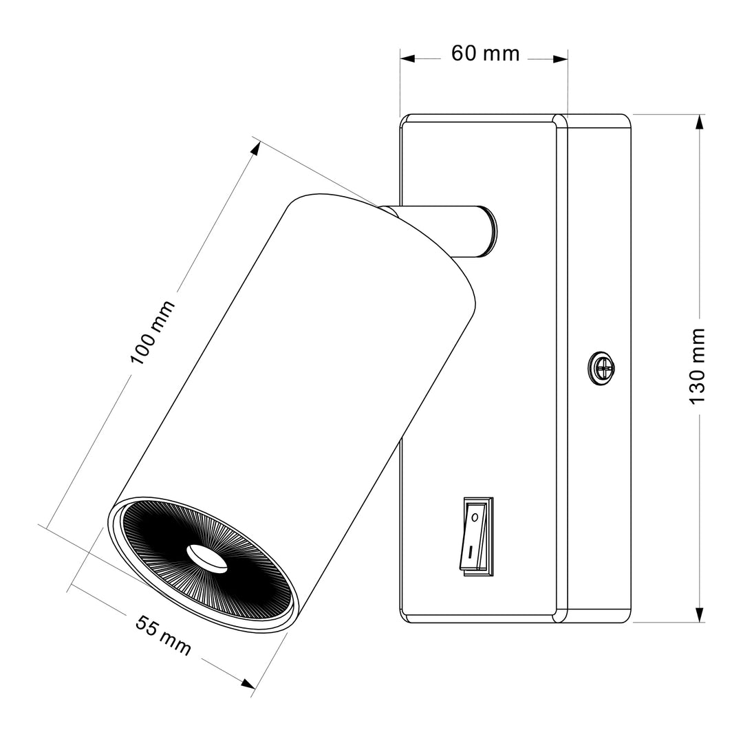 Maclean vägglampa/väggbelysning, spot, rund, GU10, med 55x100mm strömbrytare, vit, MCE369 W