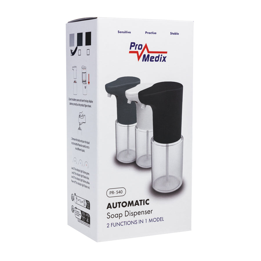 Promedix automatisk dispenser, dispenserbehållare för flytande tvål, desinfektionsvätskor, 300ml, 4xAA, vit, PR-540 W