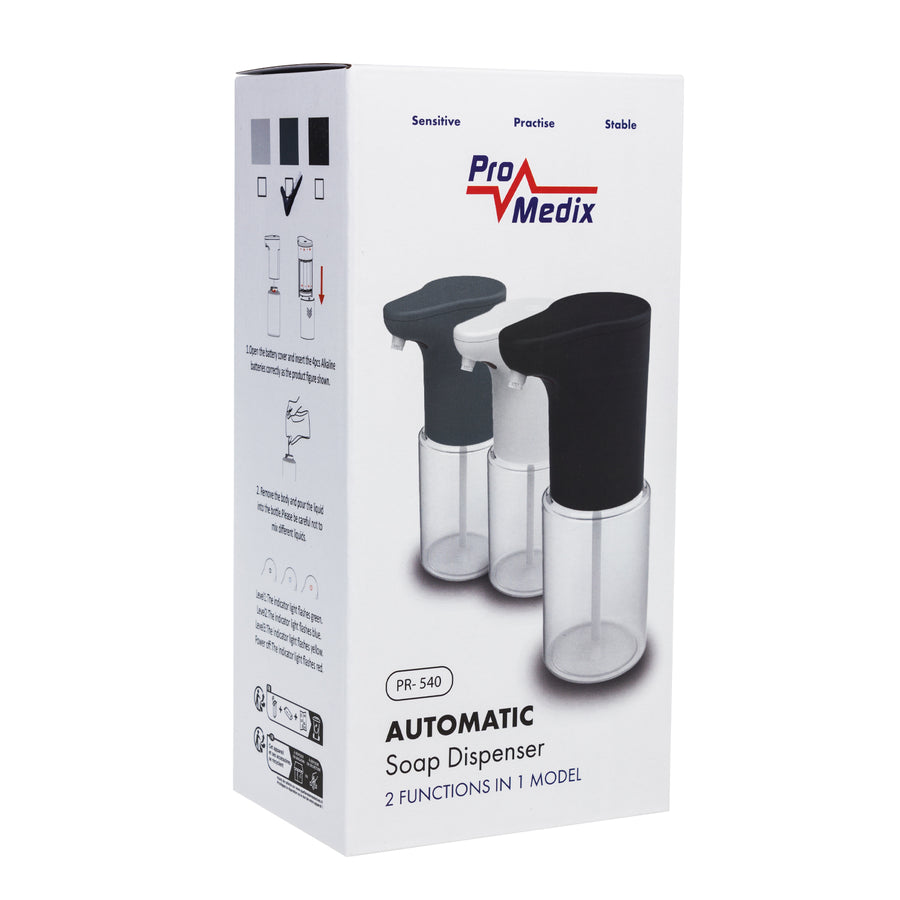Promedix automatisk dispenser, dispenserbehållare för flytande tvål, desinfektionsvätskor, 300ml, 4xAA, grå, PR-540 GR
