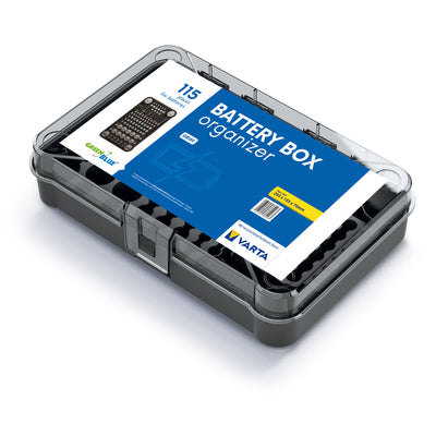 GreenBlue batterihållare, genomskinligt lock, 115 fack, Varta Box GB189