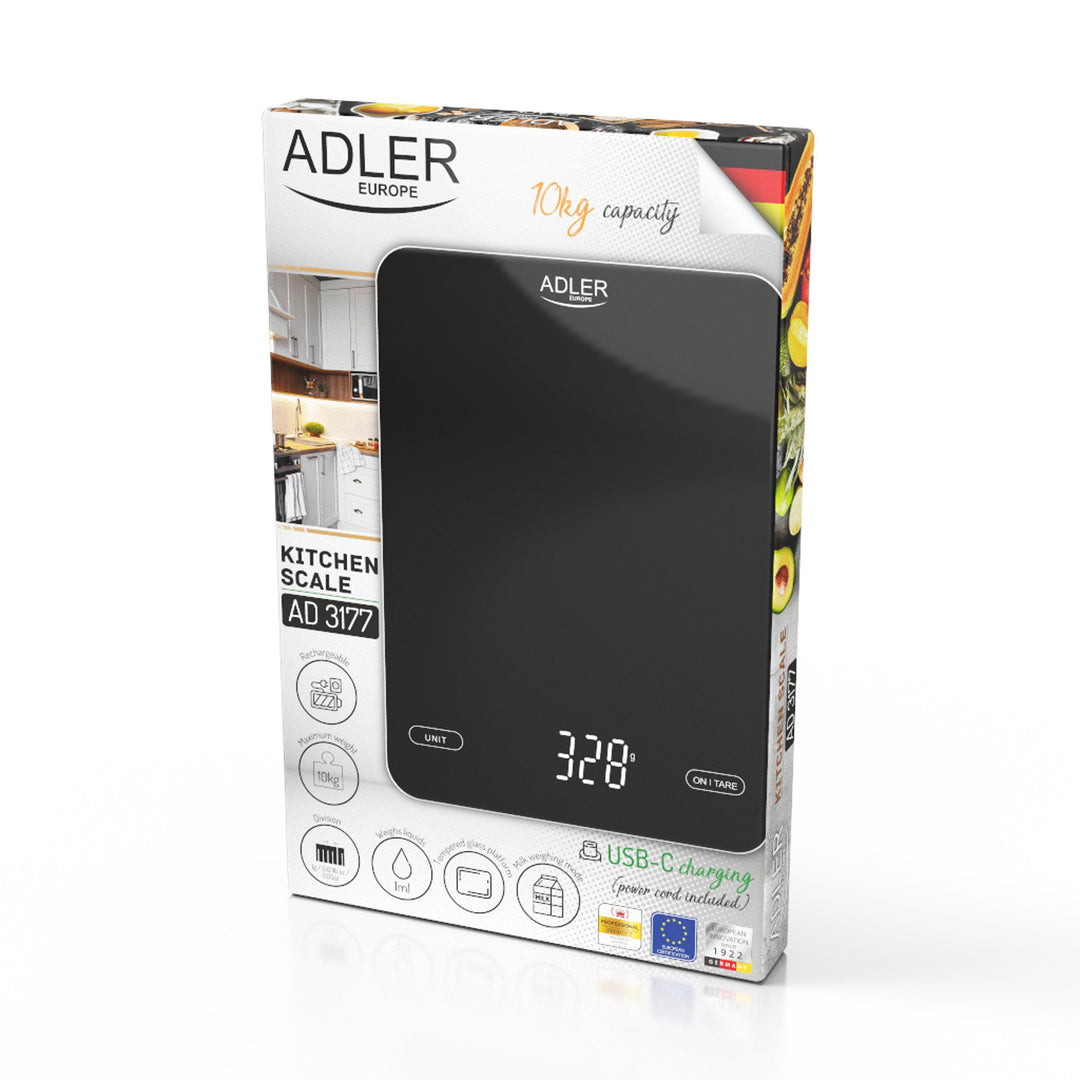 Köksvåg, Adler, svart 10 kg, laddas via USB, AD 3177