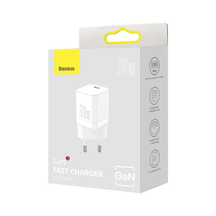 Baseus Snabbladdare 30W, USB-C, Vit, GaN3-teknologi