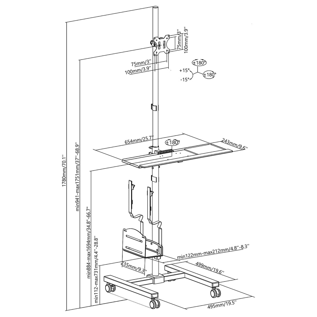 Maclean professional stand trolley, mobil datorarbetsstation på hjul, max 17"-32", max 20kg, MC-793