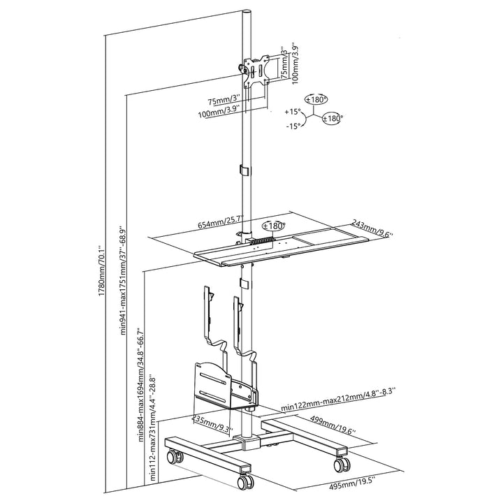 Maclean professional stand trolley, mobil datorarbetsstation på hjul, max 17"-32", max 20kg, MC-793