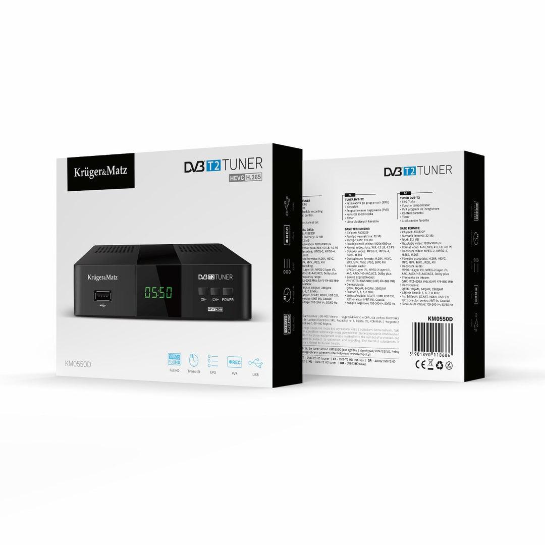 Tuner-avkodare DVB-T2 KM0550D H.265 HEVC EPG PVR Timeshift Kruger&Matz