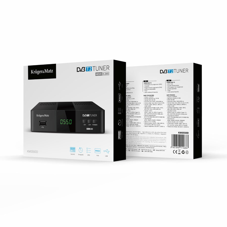 Tuner-avkodare DVB-T2 KM0550D H.265 HEVC EPG PVR Timeshift Kruger&Matz