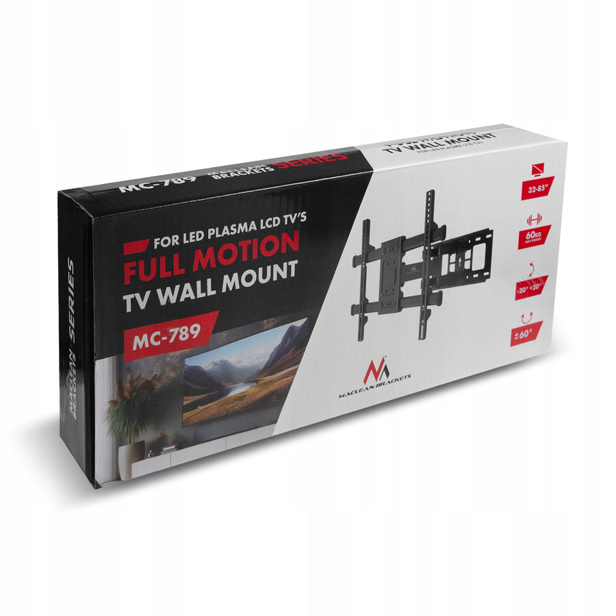 Maclean TV-fäste, max VESA 600x400, 32-85", 60kg, horisontell och vertikal vinkeljustering, profil 65-390mm, svart, MC-789