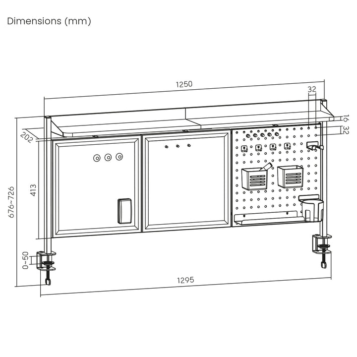 Skrivbordsavdelare/organisatör Ergo Office, max. belastning 10kg, vit och korktavla, bredd 1250mm, svart,ER-300 B