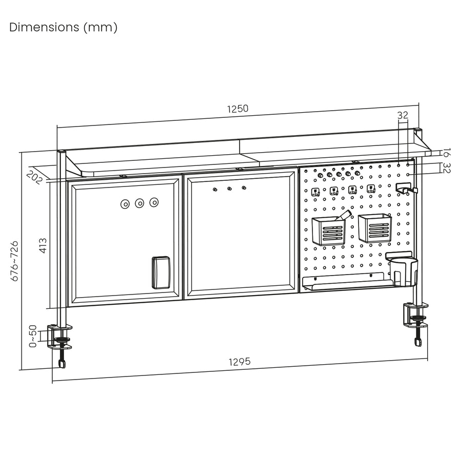 Skrivbordsavdelare/organisatör Ergo Office, max. belastning 10kg, vit och korktavla, bredd 1250mm, svart,ER-300 B