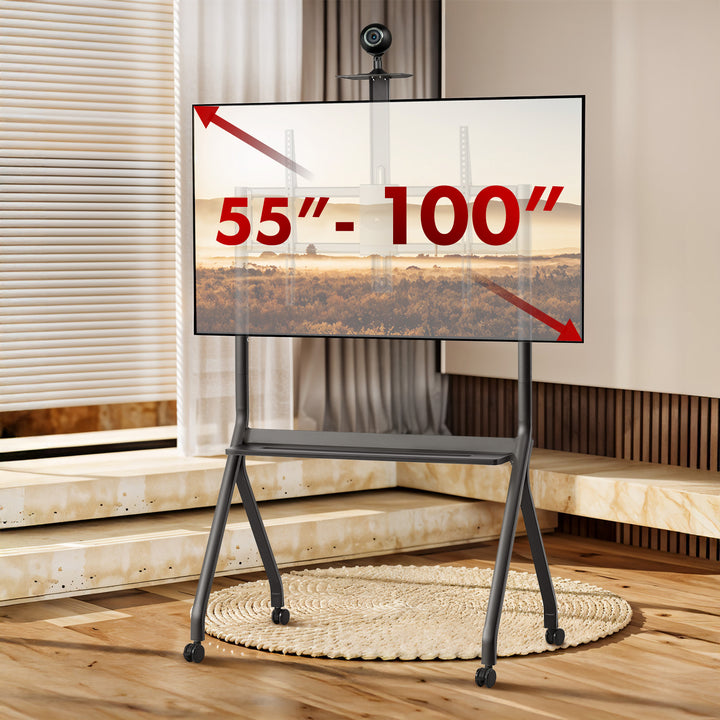 Maclean TV-stativ / vagn, kamerahylla, på hjul, 55-100", maxlast 120kg/10kg hylla, max. VESA 900x600, svart, MC-114 B