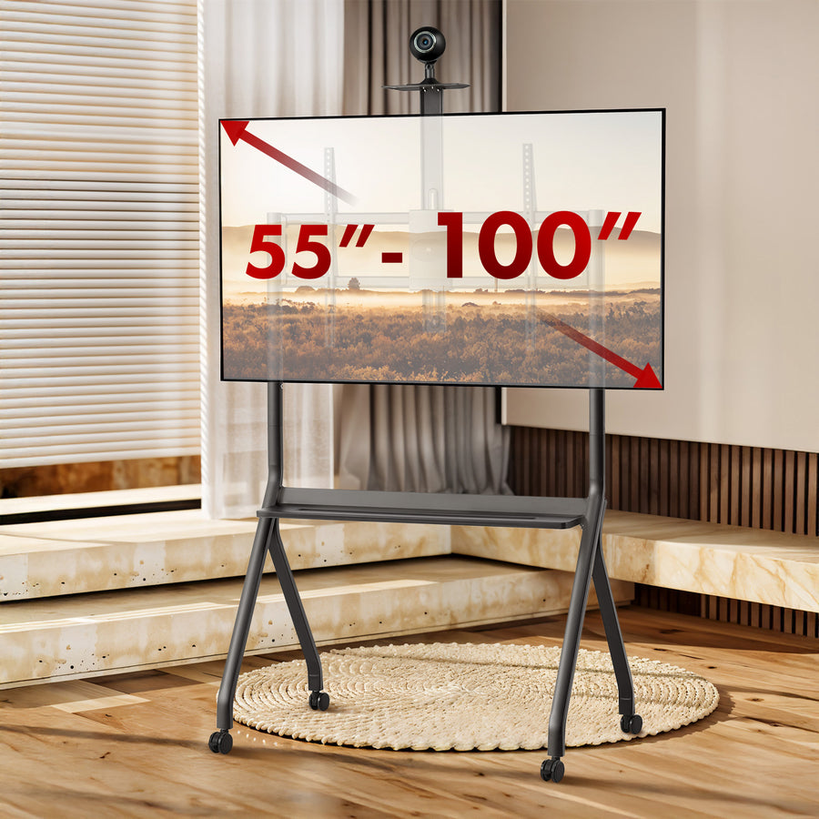 Maclean TV-stativ / vagn, kamerahylla, på hjul, 55-100", maxlast 120kg/10kg hylla, max. VESA 900x600, svart, MC-114 B
