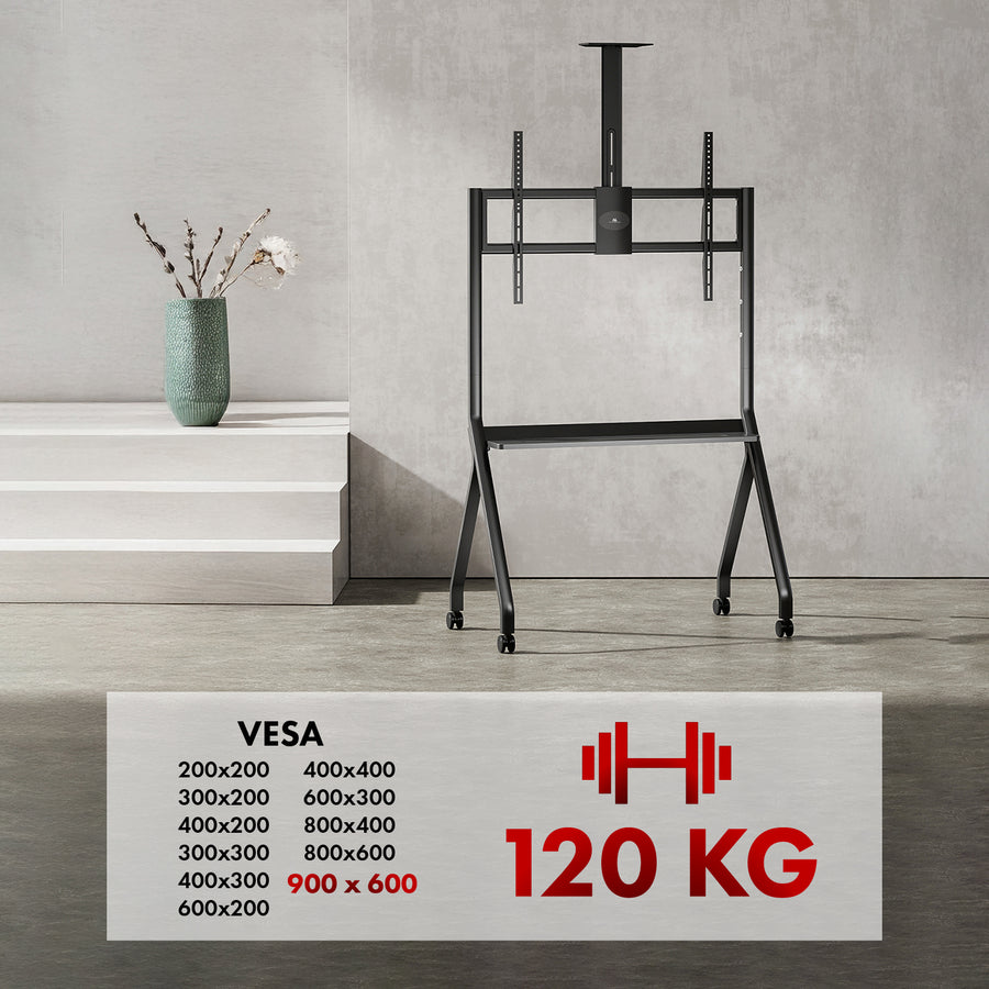 Maclean TV-stativ / vagn, kamerahylla, på hjul, 55-100", maxlast 120kg/10kg hylla, max. VESA 900x600, svart, MC-114 B