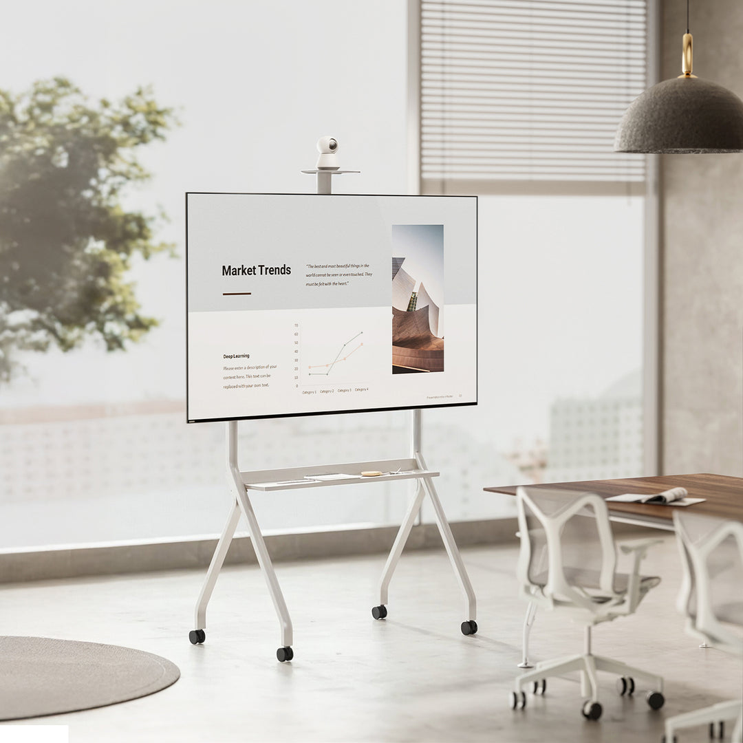 Maclean TV-stativ / vagn, kamerahylla, på hjul, 55-100", maxlast 120kg/10kg hylla, max. VESA 900x600, vit, MC-114 W