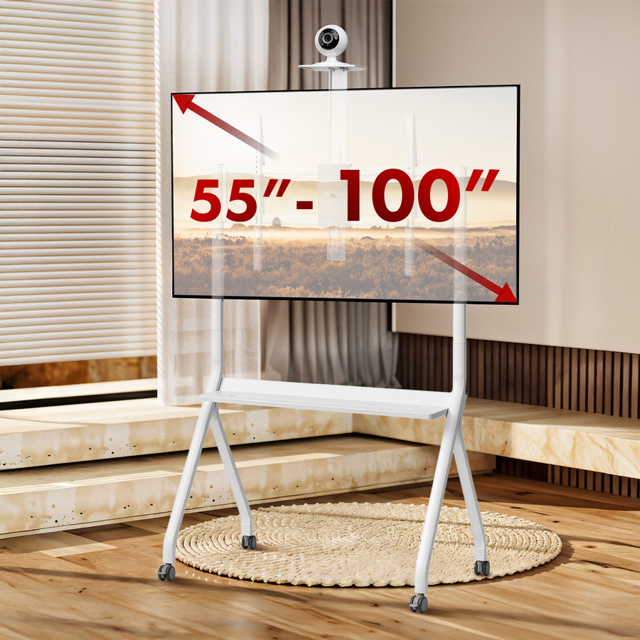 Maclean TV-stativ / vagn, kamerahylla, på hjul, 55-100", maxlast 120kg/10kg hylla, max. VESA 900x600, vit, MC-114 W