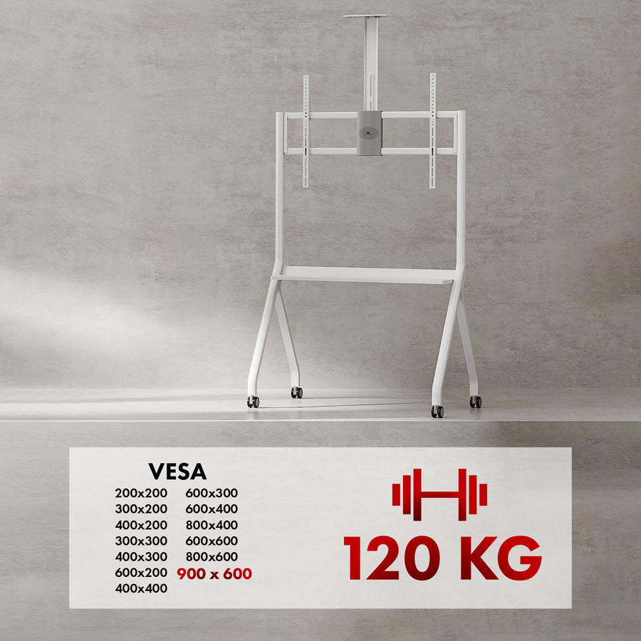 Maclean TV-stativ / vagn, kamerahylla, på hjul, 55-100", maxlast 120kg/10kg hylla, max. VESA 900x600, vit, MC-114 W