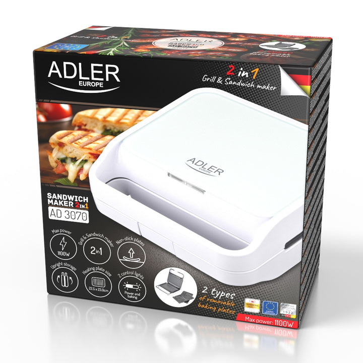 Adler smörgåsbrödrost, kontaktgrill, 1100W, vit, AD 3070