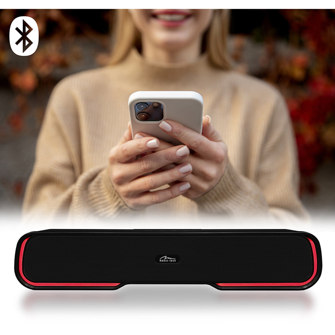 Bärbar Bluetooth soundbar-högtalare, flerfärgad RGB-bakgrundsbelysning, RMS 10W, PMPO 450W, FM-radio, MP3. AUX, inbyggt uppladdningsbart batteri, Media-Tech PHANTOM BT