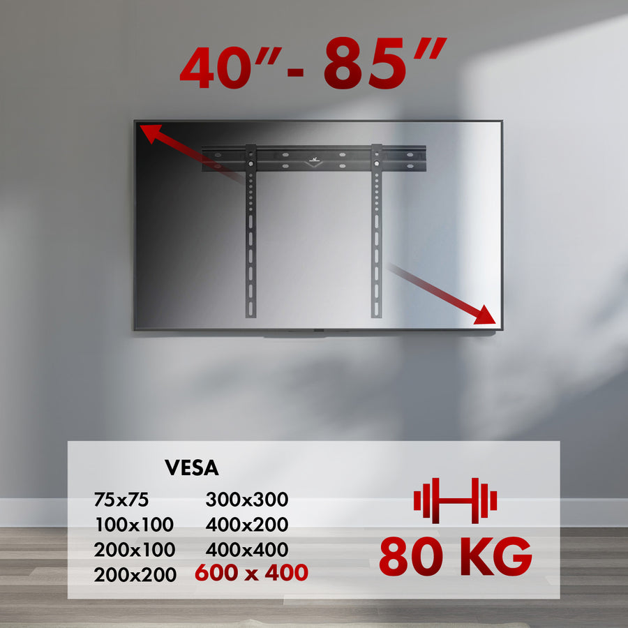 Maclean ultraplatt väggfäste för TV, 40-85", max VESA 600x400, belastning upp till 80kg, MC-123