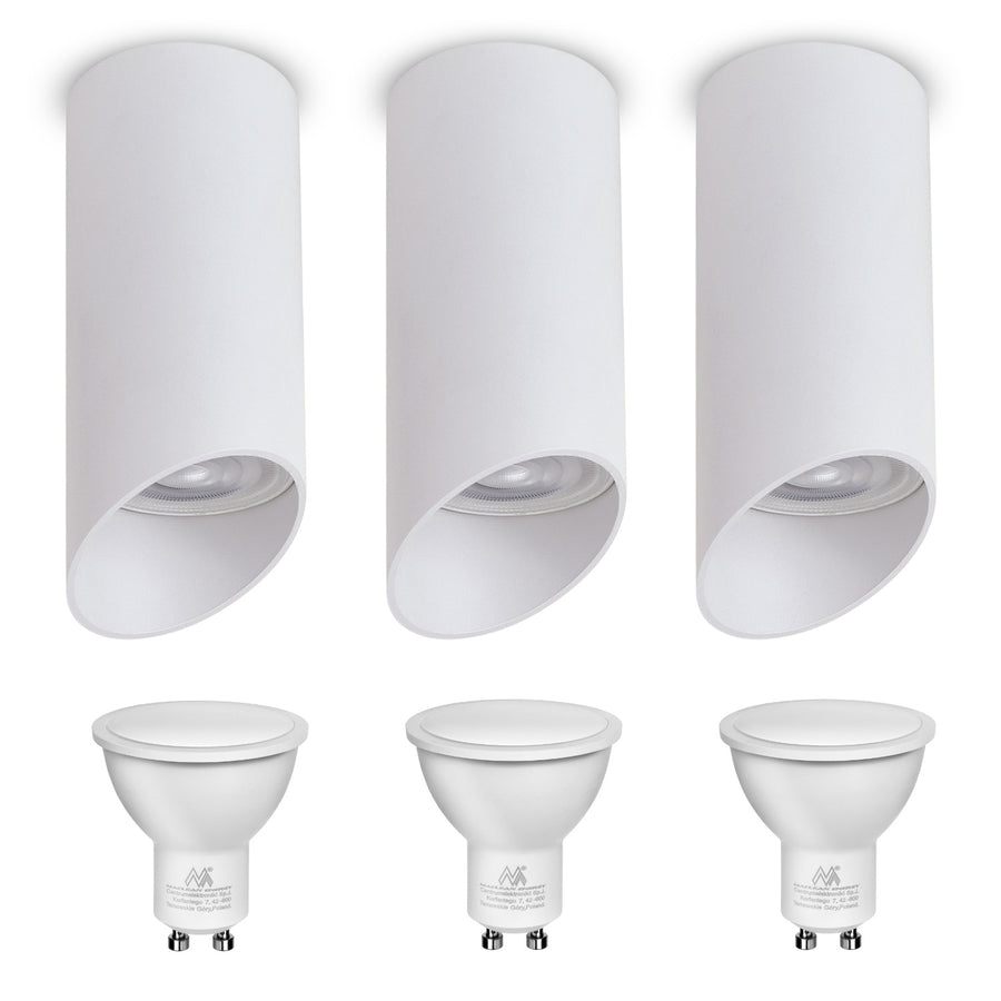 Maclean utanpåliggande armatur / rör, spot, rund, aluminium, GU10, 55x130mm, vit, MCE360 W 3st + LED-lampa GU10 7W Maclean Energy MCE437 WW varmvit 3000K, 220-240V~, 50/60Hz, 3st