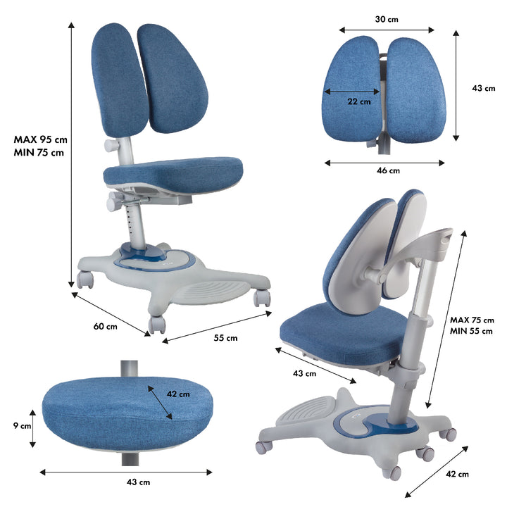 Ergo Office ergonomiskt höj- och sänkbart skrivbord för barn, grått, max 100kg, ER-417 2cz +Ergo Office ergonomisk stol för barn, justerbart nackstöd, höj- och sänkbart, max 75kg, ER-484N